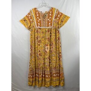 Rusttydustty Maxi Dress Women 2XL Shift Yellow Floral Boho Tiered Short Sleeve